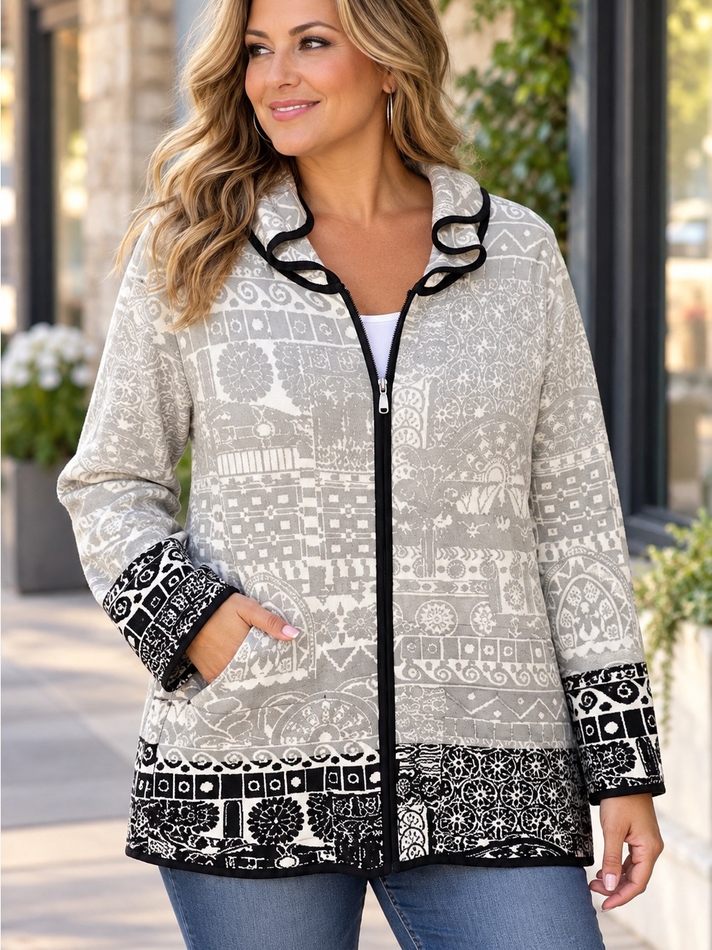 Chico's Silk & Cotton Soft Hooded Zip Cardigan Sweater large